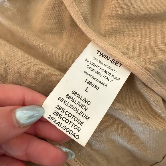 TWINSET by Simona Barbieri | Tan Linen and Vegan Leather Moto Light Jacket Large - Picture 7 of 10